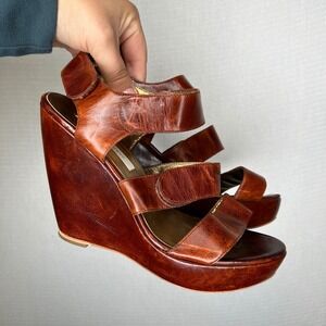Cynthia Vincent Leather Wedge Sandals Women's Size 8.5M Platform Heels Brown‎
